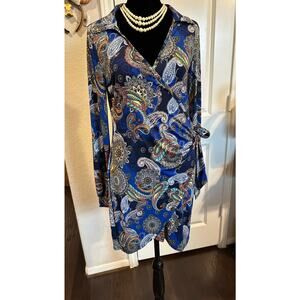 Uptown U.S.A. Paisley Faux Wrap Long Sleeve Knee Length L Boho Preppy Chic